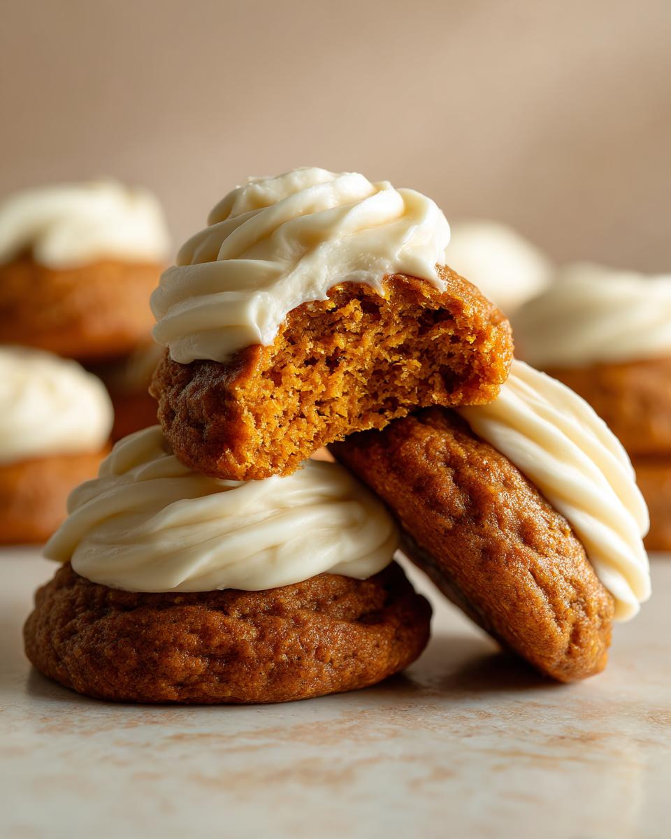 Close-up of two stacked pumpkin cookie halves, one bitten into, showing the soft interior and thick cream cheese frosting.