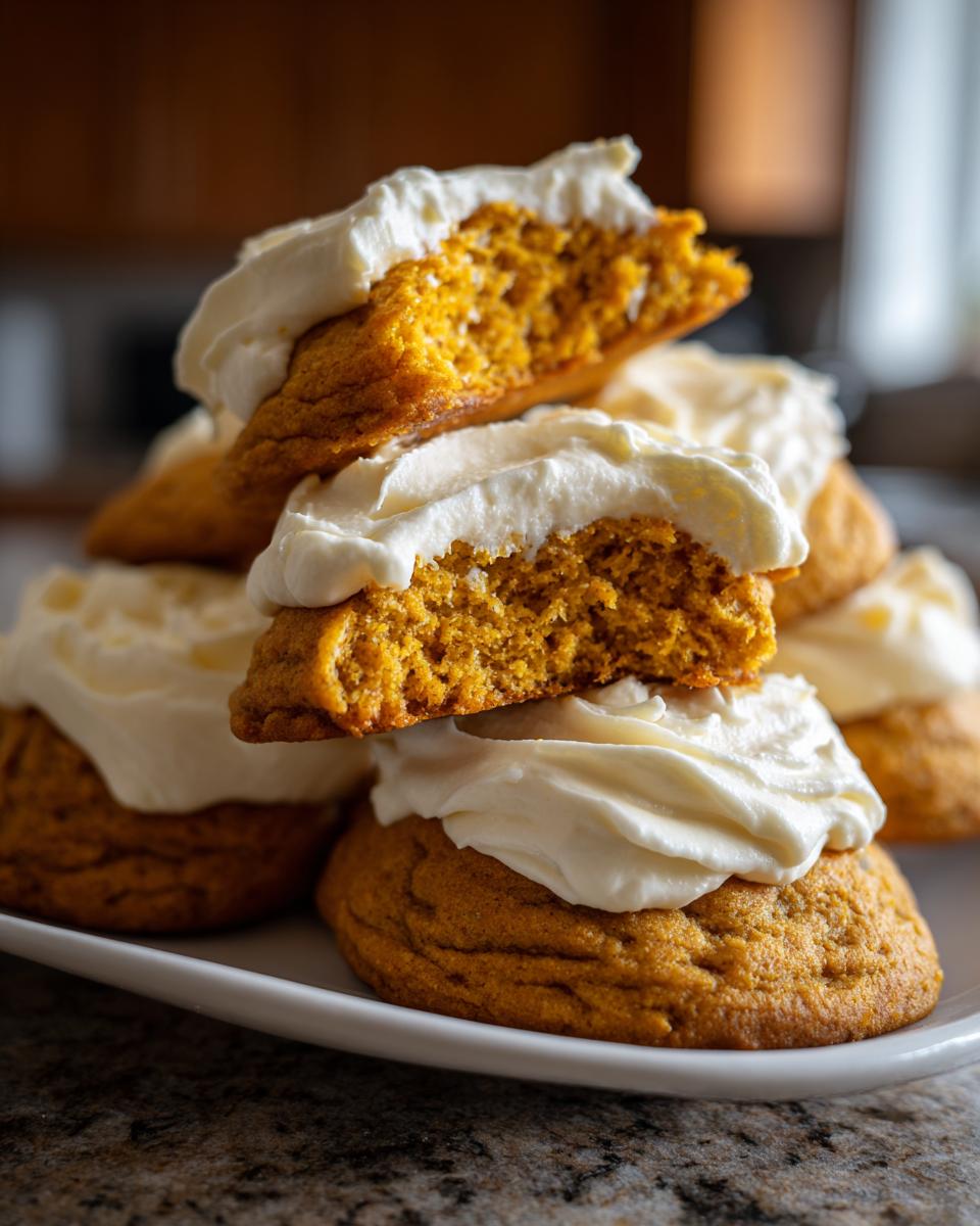A stack of soft, orange pumpkin cookie halves topped with thick cream cheese frosting, showing the moist interior of the pumpkin cookie.