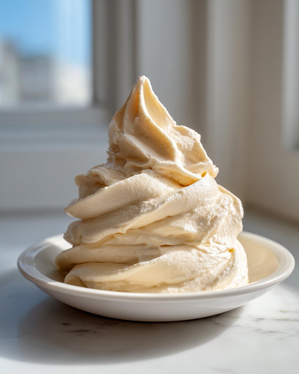 A perfect swirl of creamy, pale yellow banana ice cream served in a small white bowl.