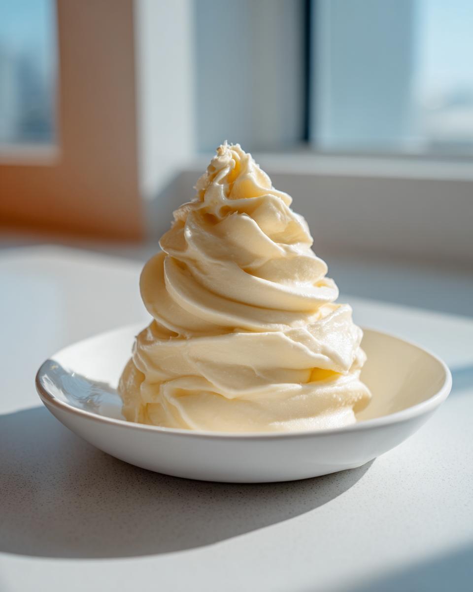 A perfect swirl of creamy, pale yellow banana ice cream served in a small white bowl.