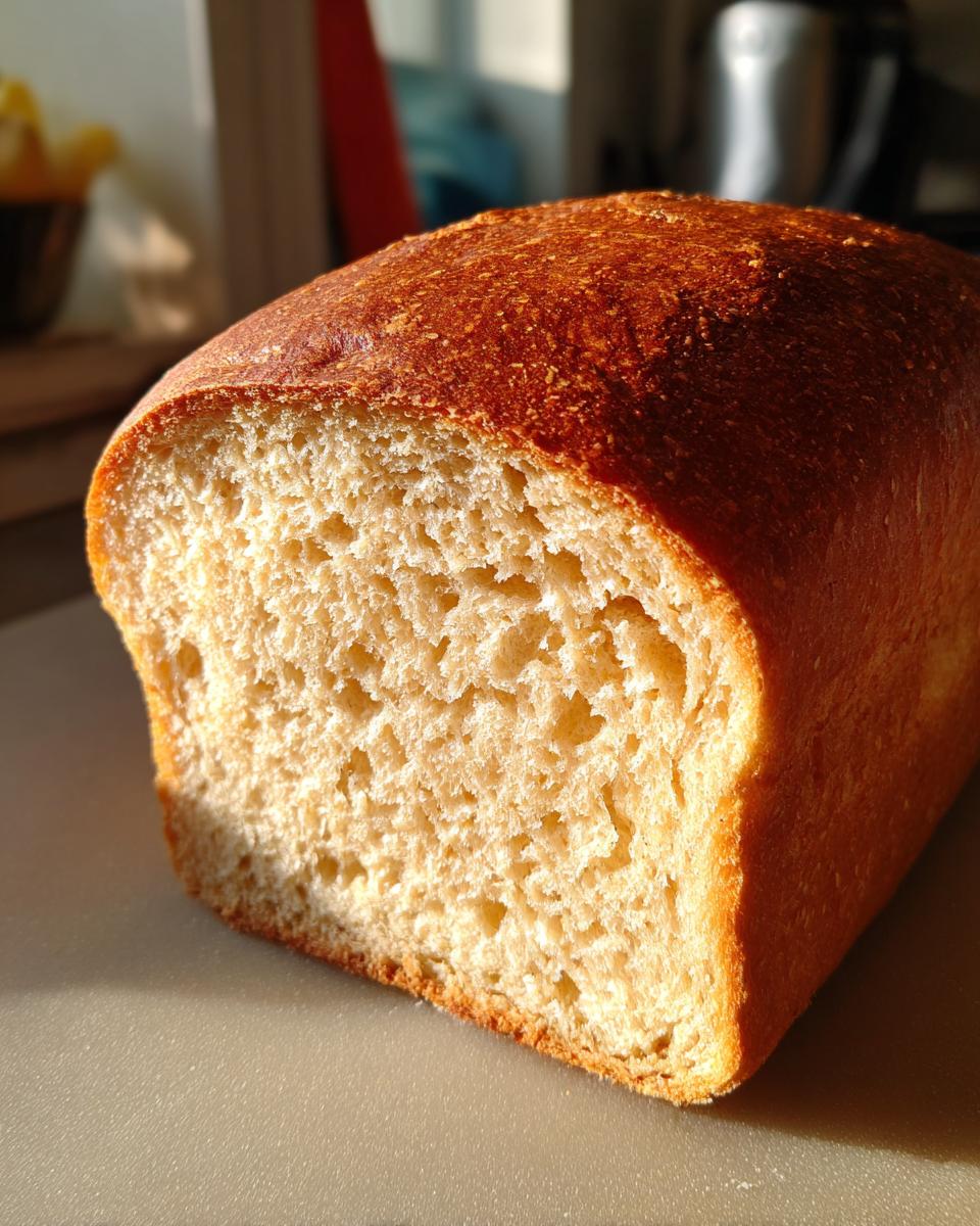 A close-up view of a freshly baked whole wheat bread loaf showing its soft, light-colored crumb and golden-brown crust.