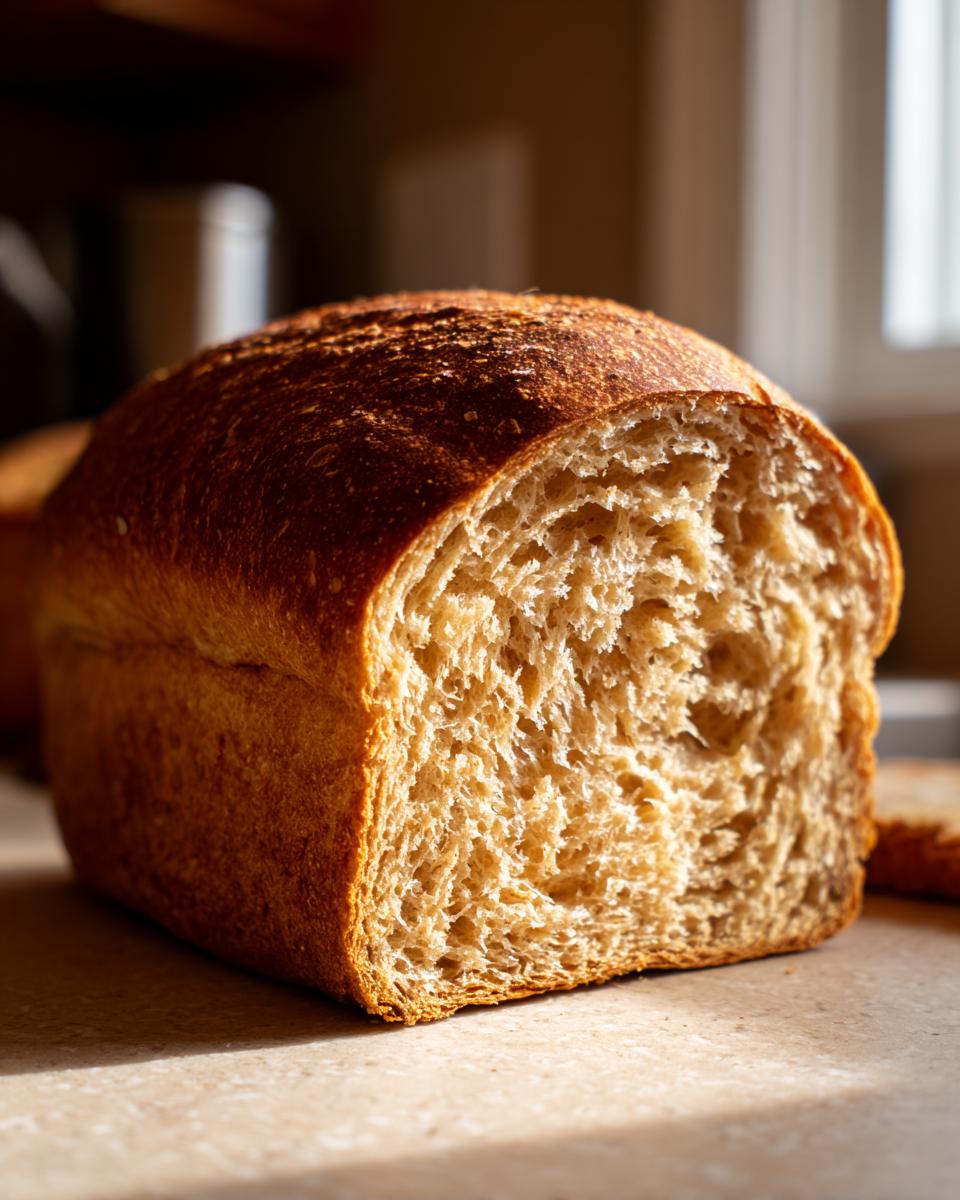 A close-up of a freshly baked whole wheat bread loaf, showing its soft, fluffy interior crumb and golden brown crust.