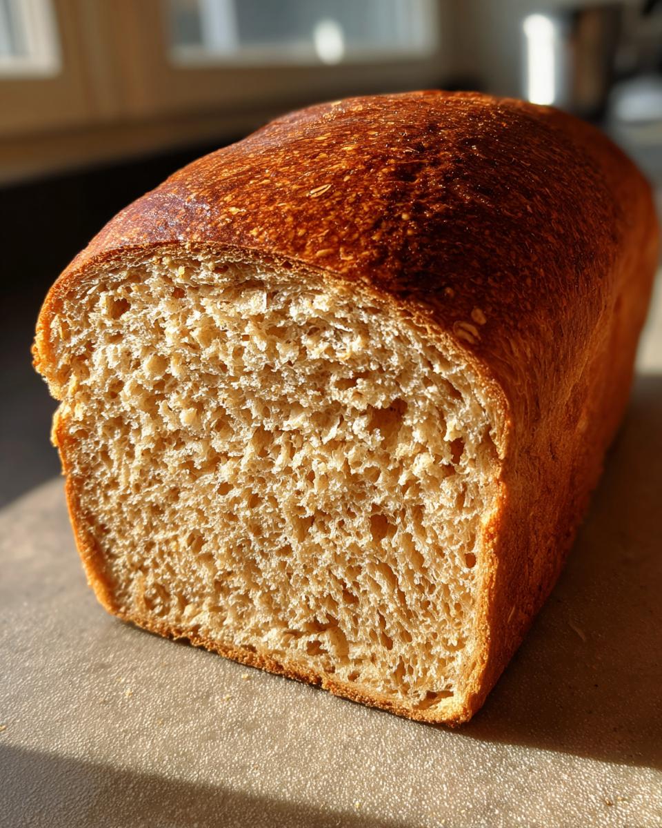 Close-up of a freshly baked loaf of whole wheat bread showing its soft, open crumb structure and golden brown crust.