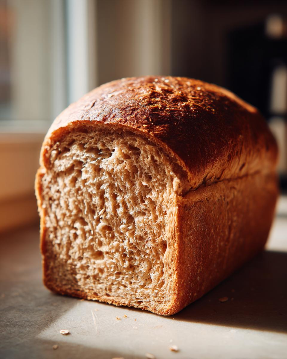 A close-up of a freshly baked, soft whole wheat bread loaf showing its textured crumb.