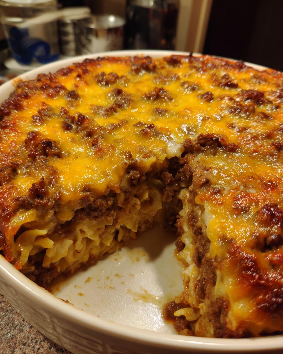 A close-up of a baked sour cream beef noodle casserole in a white dish with a slice removed.