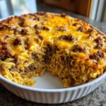 A baked sour cream beef noodle casserole in a white dish, showing a scoop removed to reveal layers of noodles, ground beef, and melted cheddar cheese.