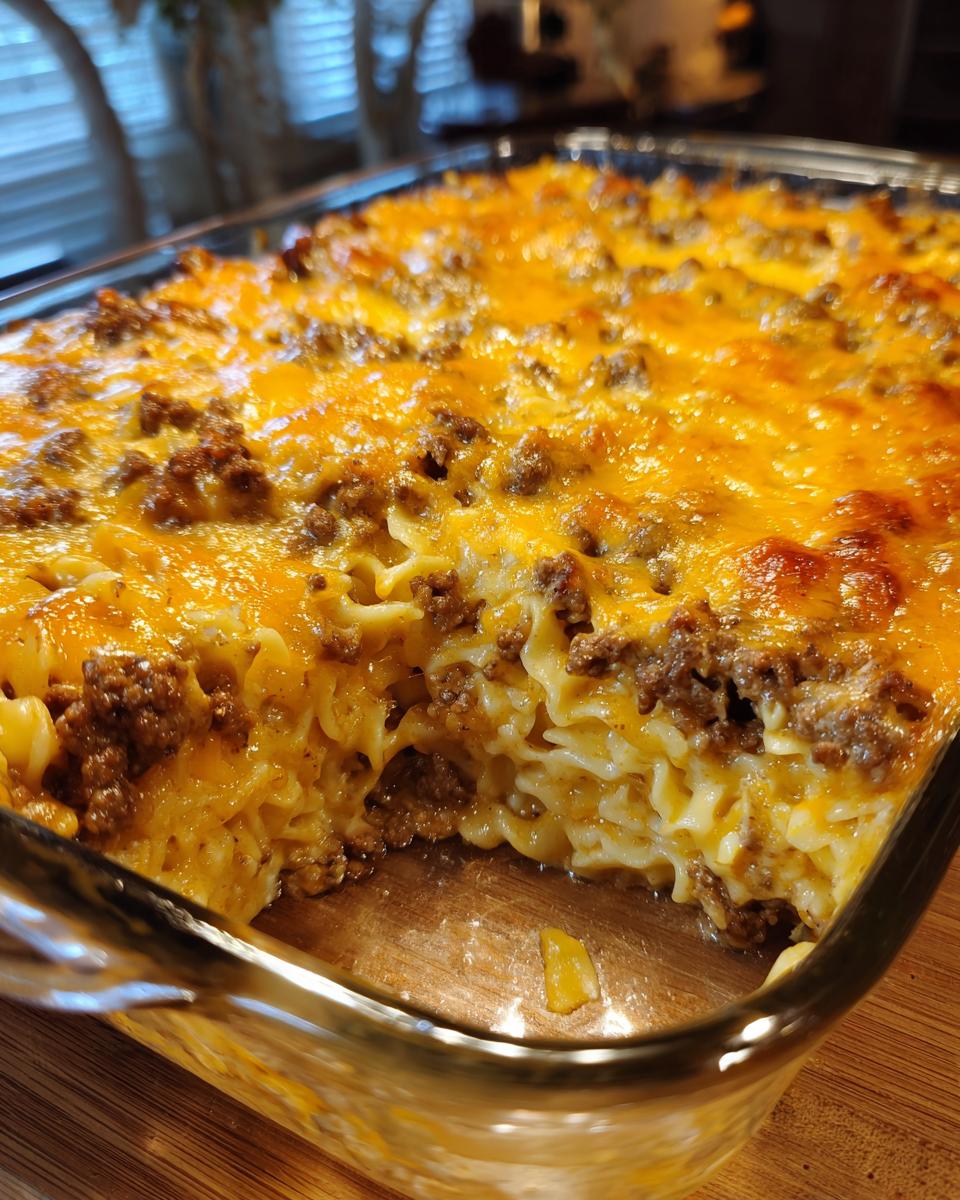 Close-up of a baked sour cream beef noodle casserole in a glass dish, topped with melted cheddar cheese and ground beef.