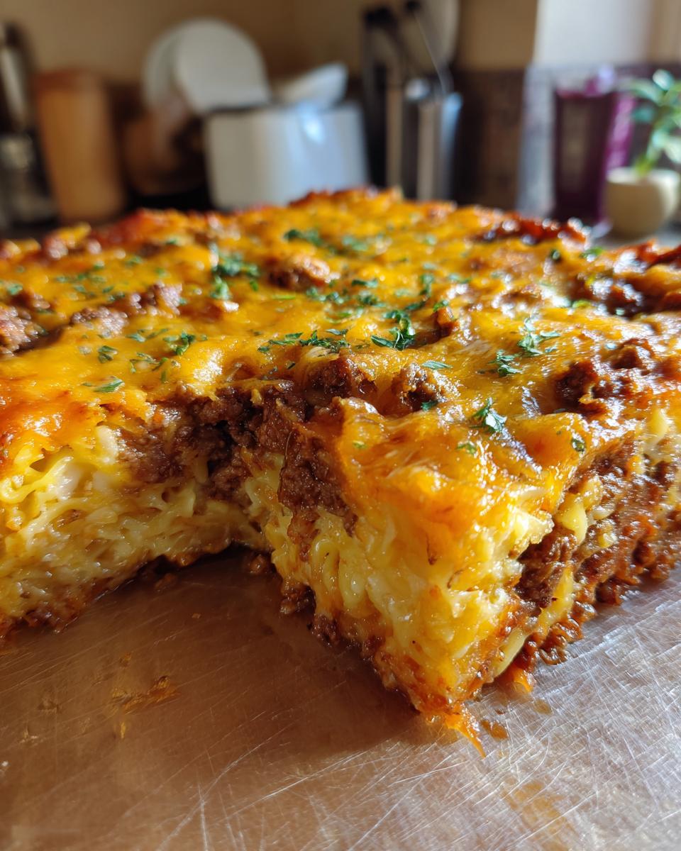 Close-up of a rich slice of sour cream beef noodle casserole with melted cheddar cheese and parsley.
