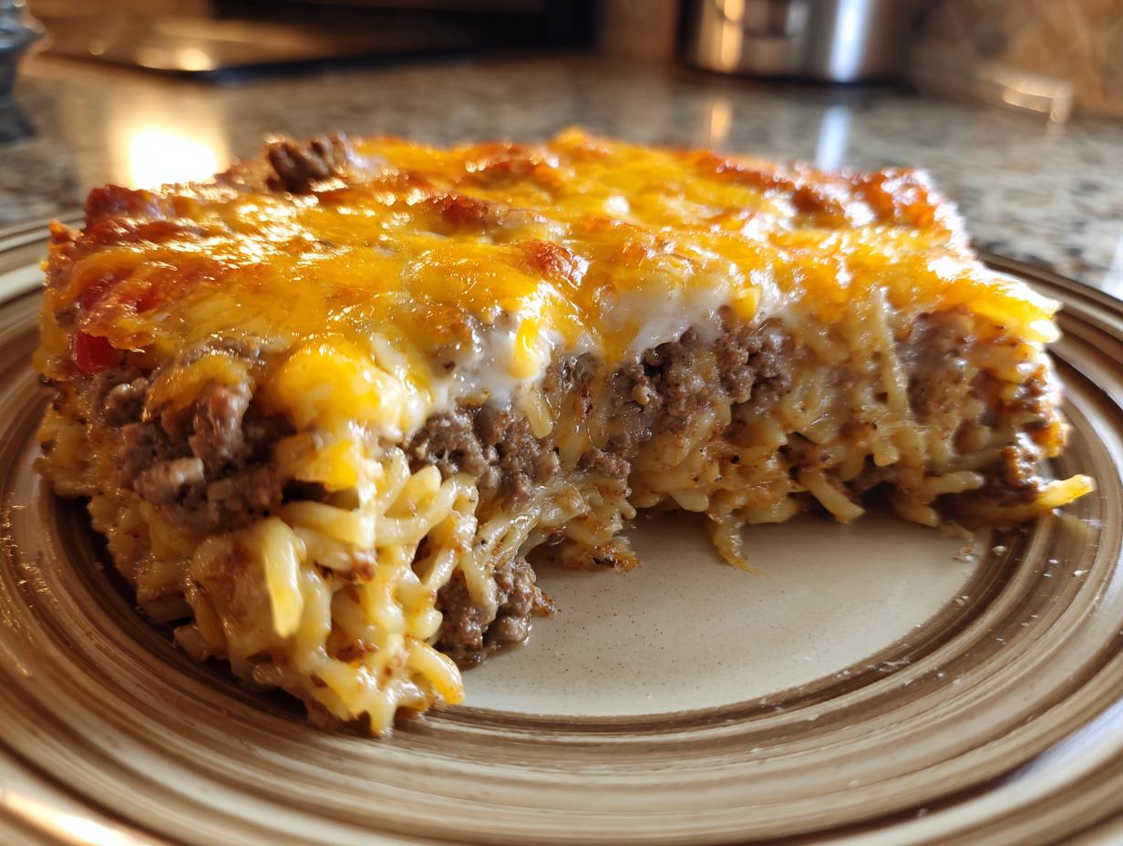 A close-up slice of rich sour cream beef noodle casserole topped with melted cheddar cheese.
