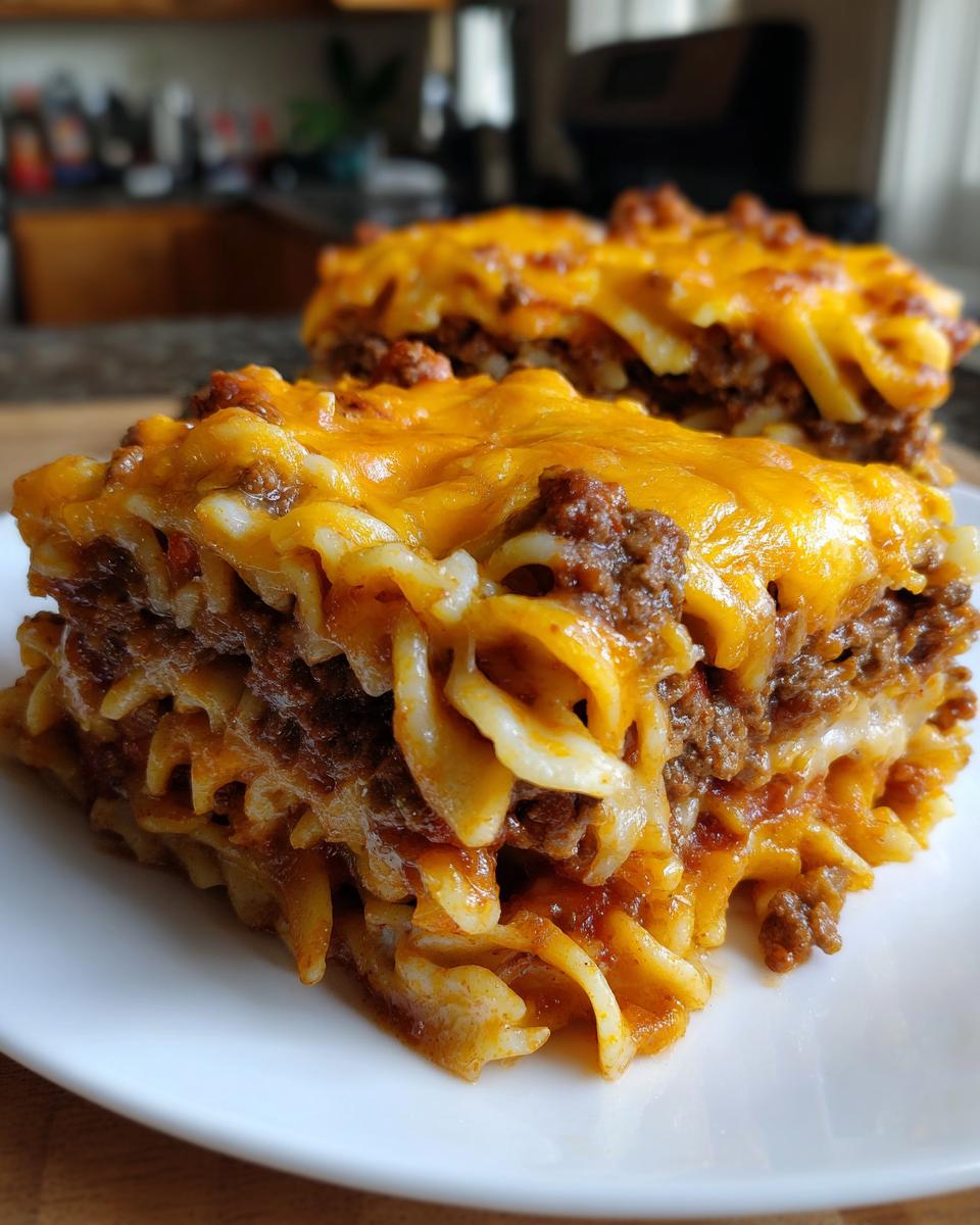 Two hearty slices of sour cream beef noodle casserole layered with pasta, meat sauce, and melted cheddar cheese on a white plate.