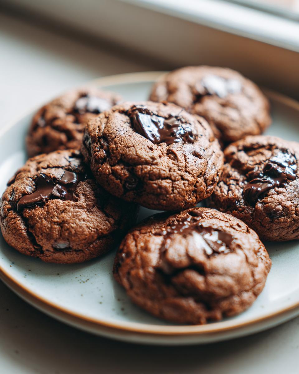 A close-up of several rich, dark chocolate sourdough chocolate chip cookies piled on a light speckled plate.