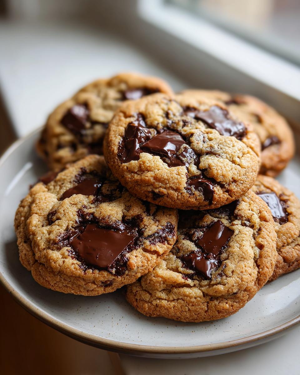 A stack of freshly baked sourdough chocolate chip cookies with melted chocolate chunks on a speckled plate.