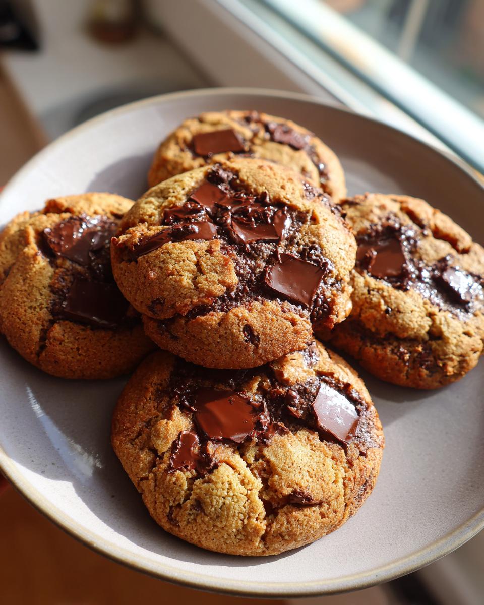 Five freshly baked sourdough chocolate chip cookies piled on a light gray plate, featuring melted chocolate chunks.