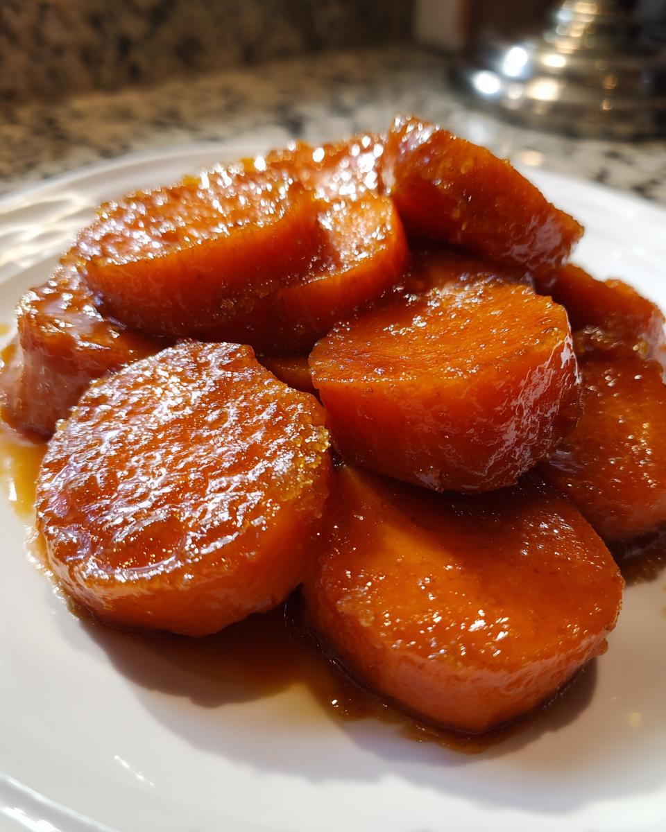 A close-up view of several thick, round slices of bright orange southern candied yams covered in a rich, glossy syrup.