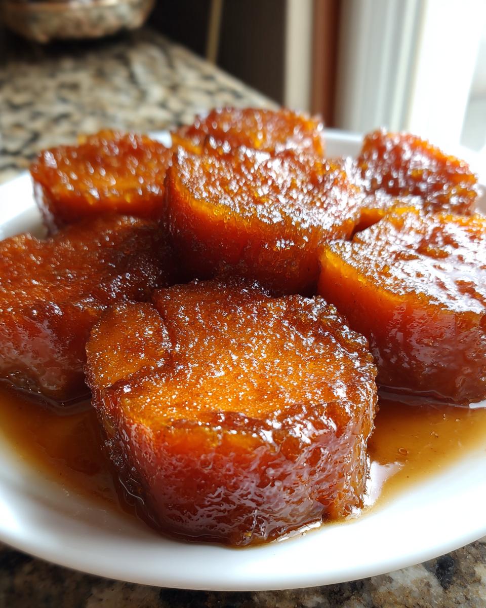 Close-up of thick, round slices of southern candied yams glistening in a rich, dark syrup on a white plate.