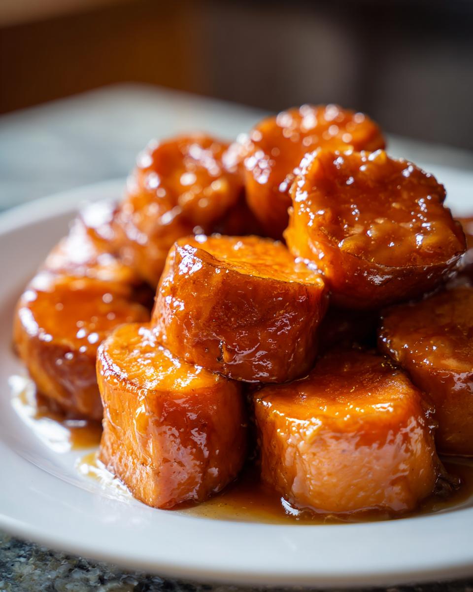 A close-up of sweet potato chunks coated in a thick, glossy glaze, representing southern candied yams.