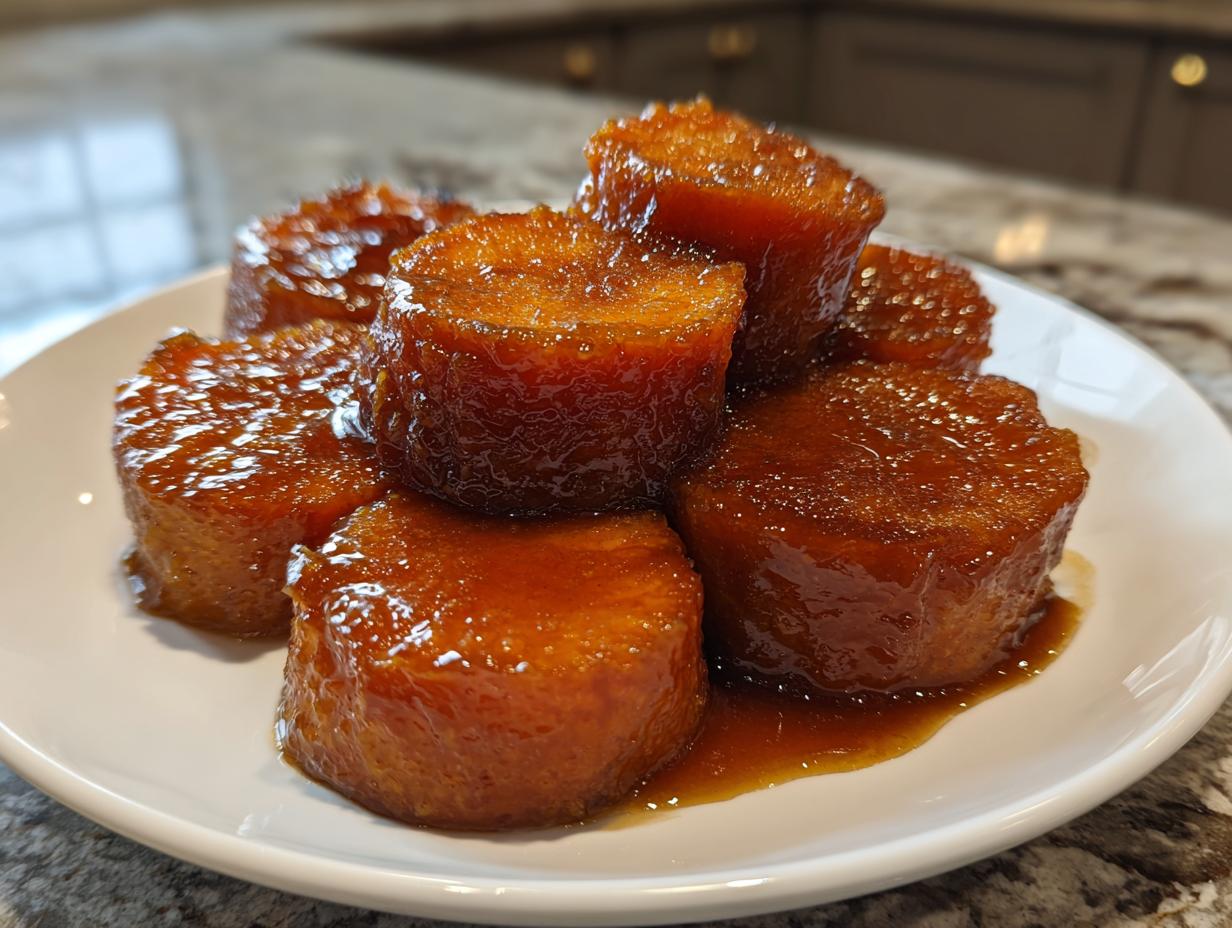 Close-up of several thick slices of glazed southern candied yams piled on a white plate.