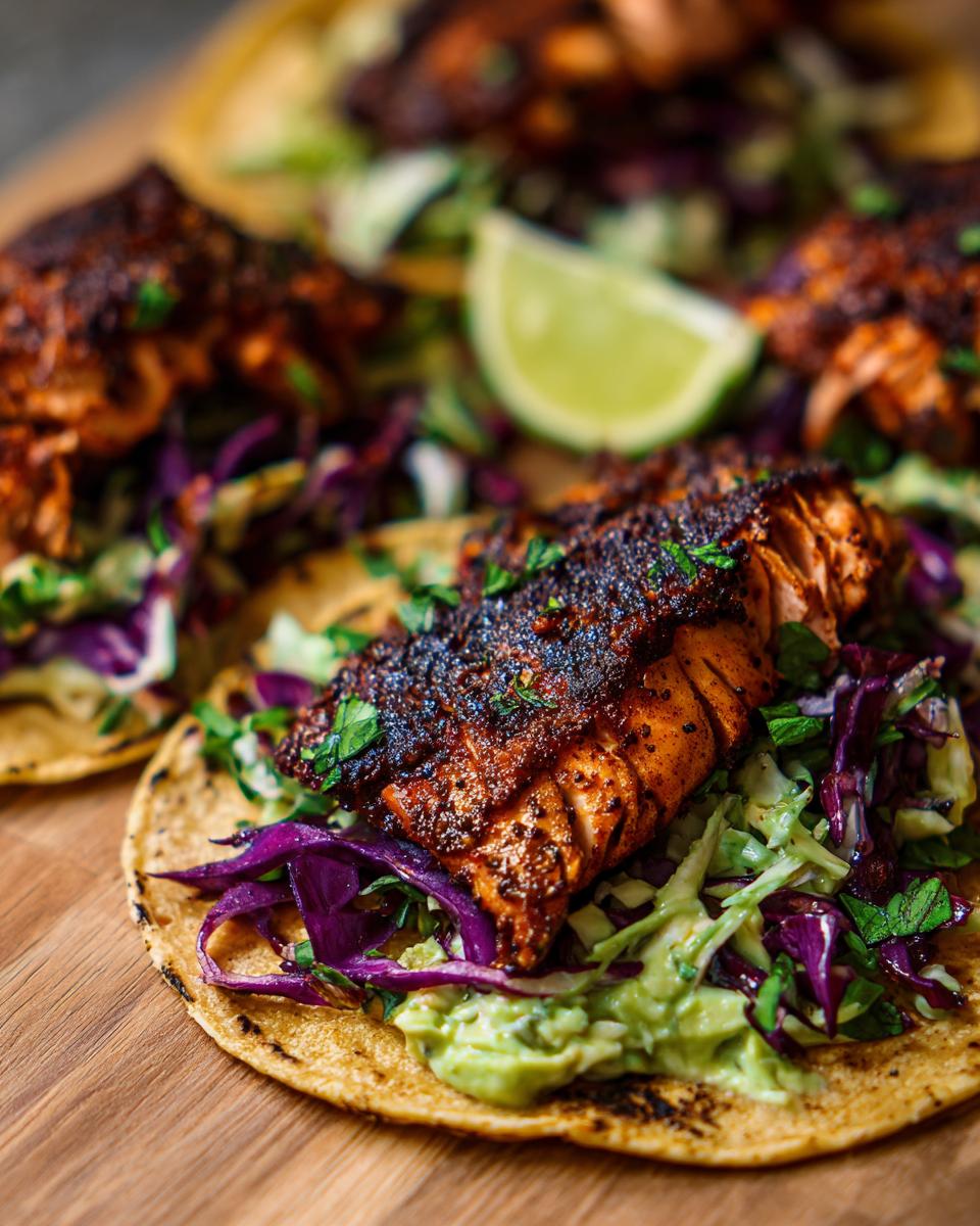 Close-up of a delicious salmon tacos featuring blackened seasoned salmon, purple cabbage slaw, and avocado spread on a corn tortilla.
