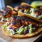A close-up of one of the amazing salmon tacos, featuring blackened salmon over avocado slaw in a corn tortilla.