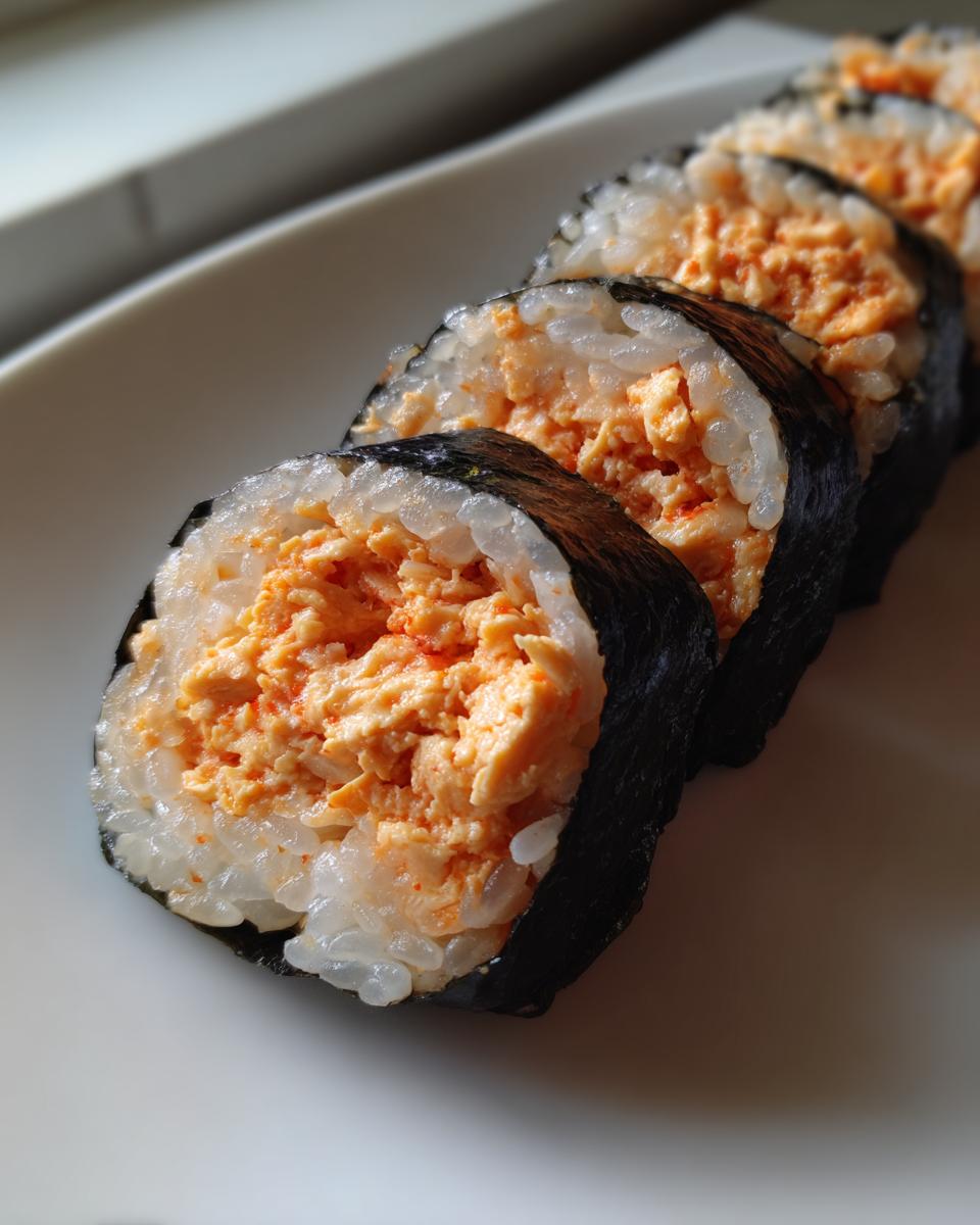 Four slices of homemade tuna kimbap showing creamy, orange-colored tuna filling wrapped in rice and nori seaweed.