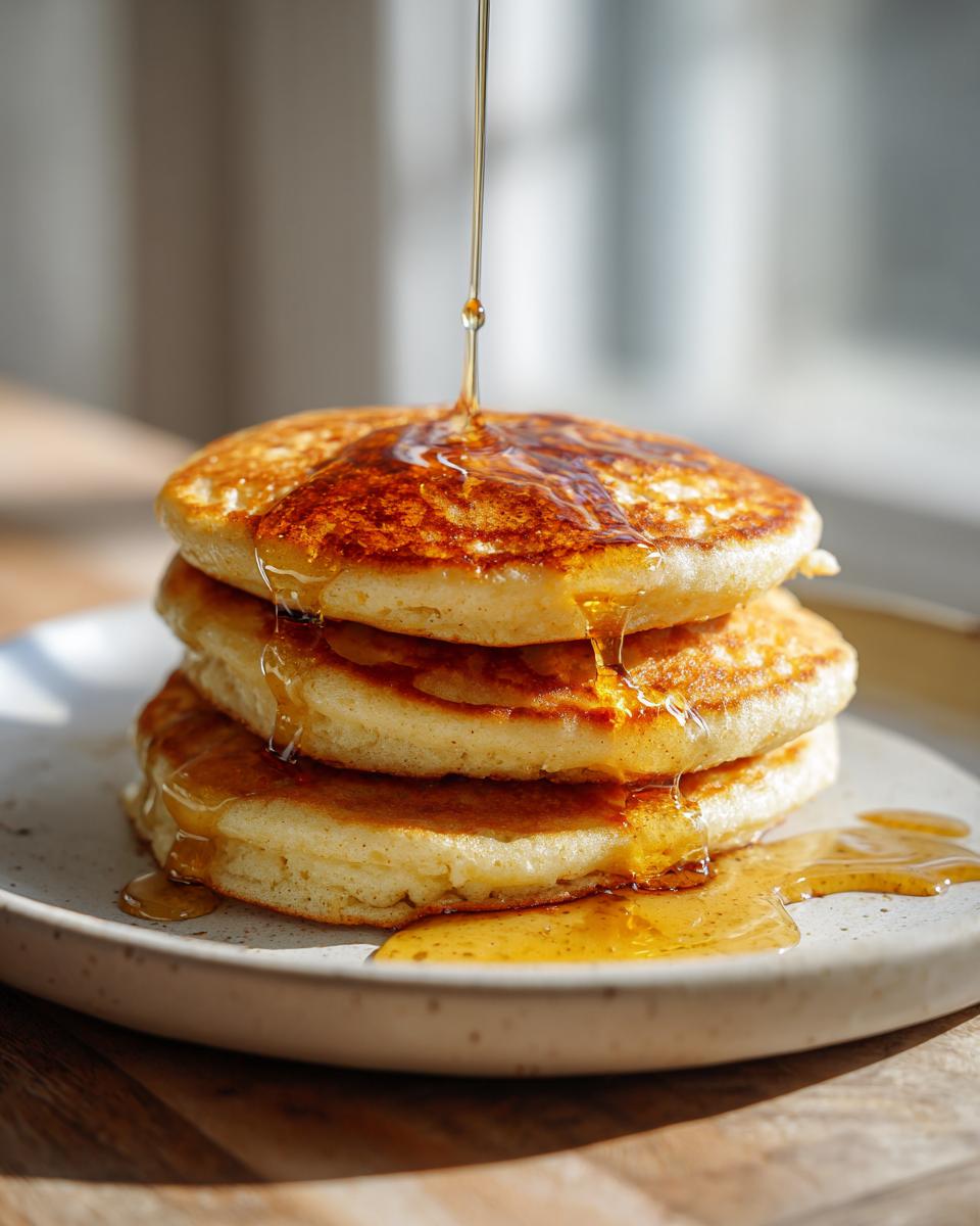A tall stack of golden brown almond flour pancakes being drizzled with maple syrup on a speckled white plate.