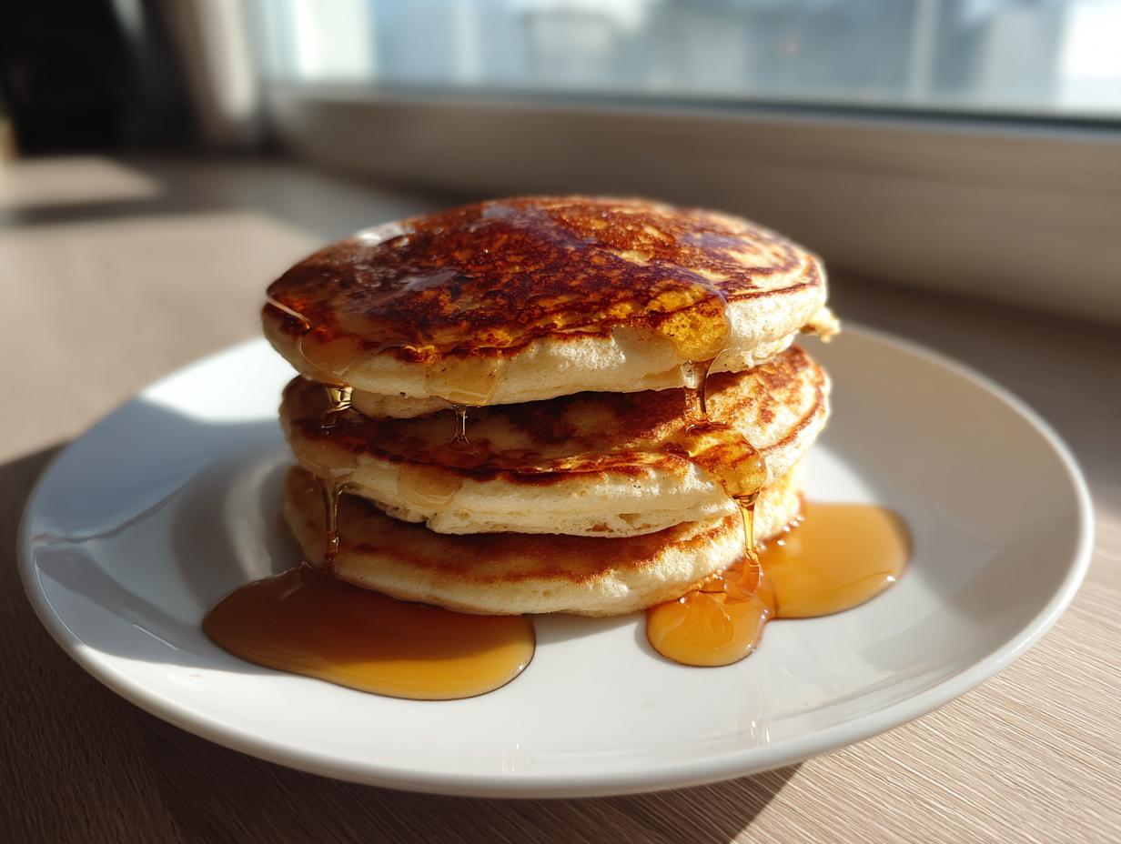 A stack of three fluffy almond flour pancakes drizzled generously with golden syrup on a white plate.