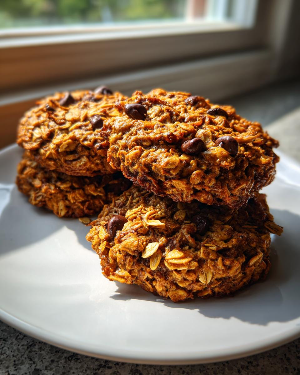 A stack of three hearty, textured breakfast cookie treats studded with chocolate chips on a white plate.