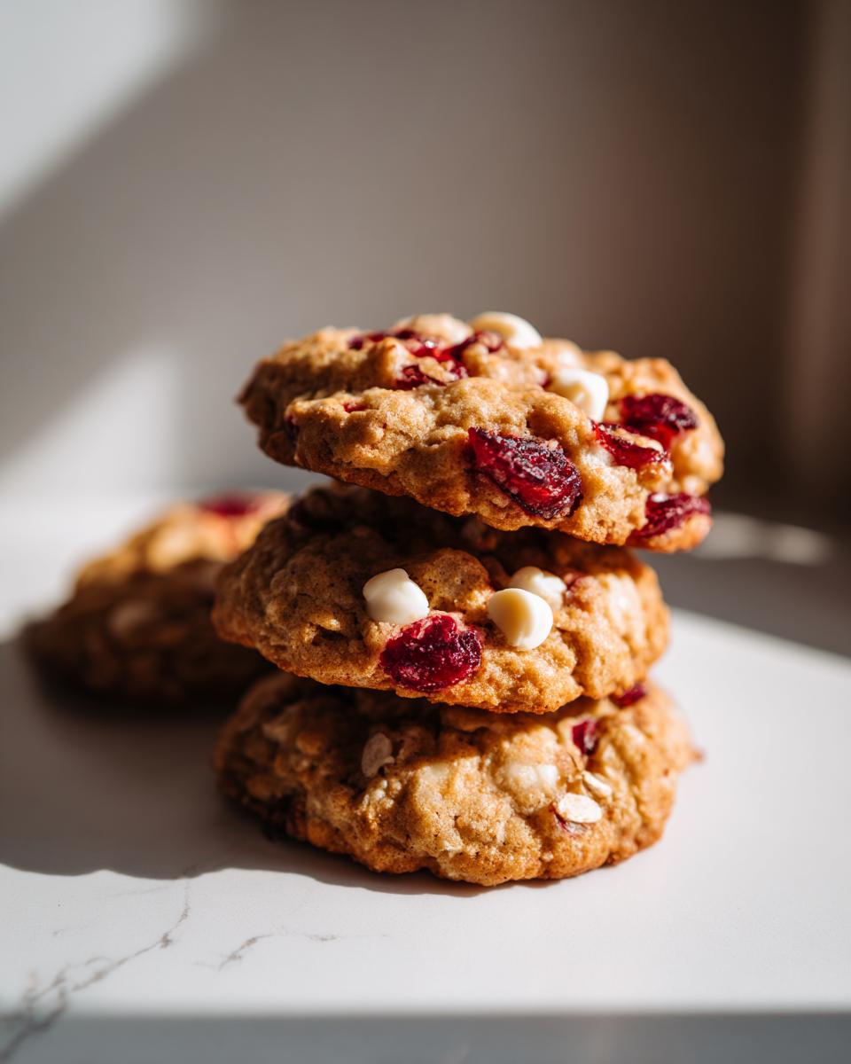 A stack of three freshly baked cranberry oatmeal cookies studded with white chocolate chips, highlighted by bright sunlight.