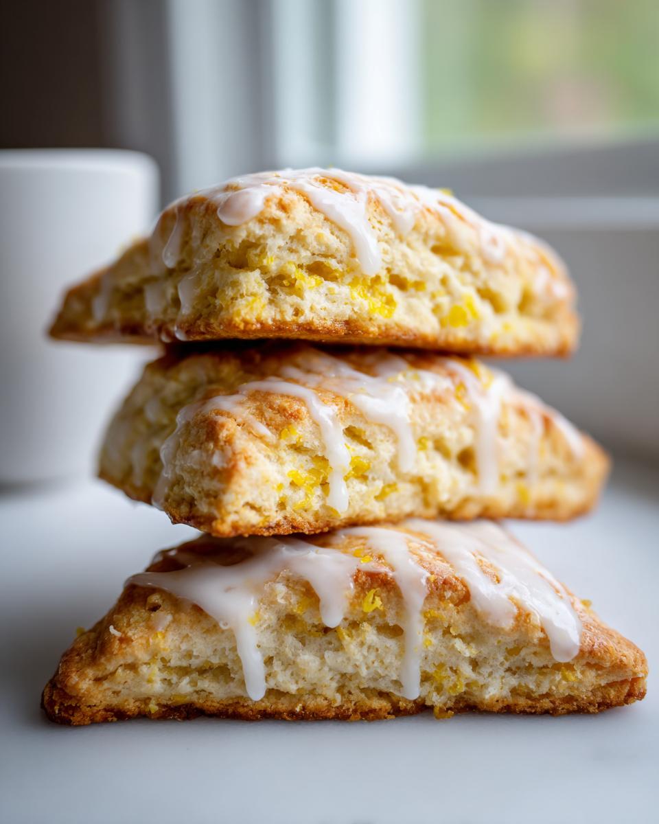 A stack of three triangular lemon scones topped with white glaze, showing visible lemon zest inside.