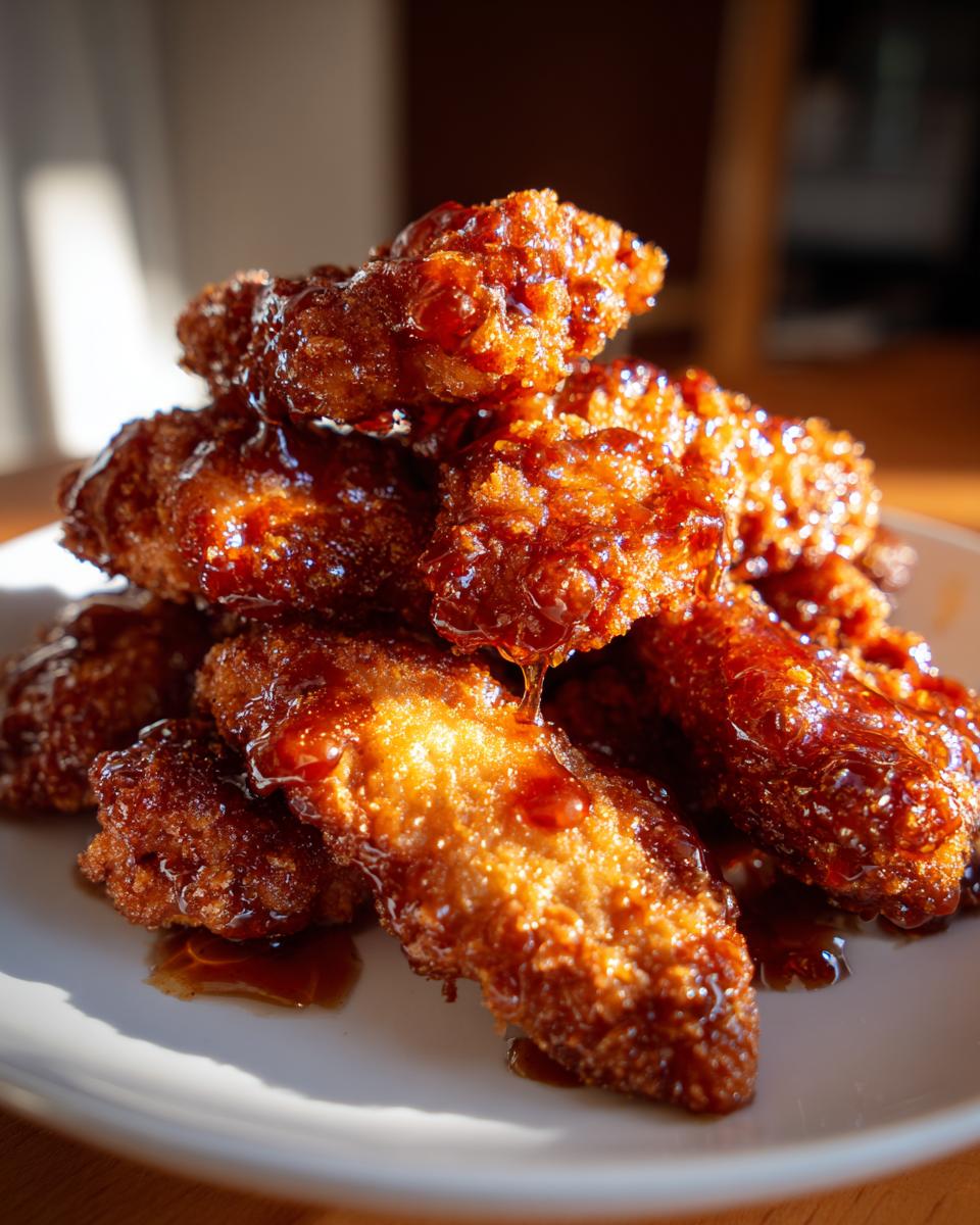 A delicious stack of crispy hot honey chicken tenders heavily coated in a shiny, dark glaze.
