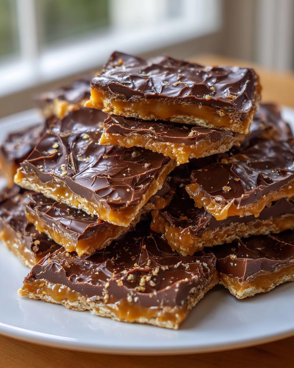 A tempting stack of homemade saltine cracker toffee squares piled high on a white plate.