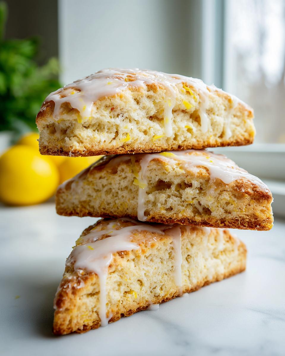 Three triangular lemon scones stacked vertically, drizzled with white icing and showing visible lemon zest.