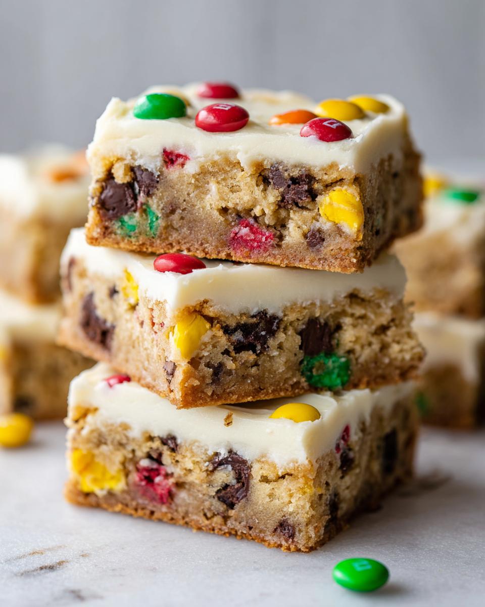 Three stacked, thick christmas cookie bars topped with white frosting and colorful M&M candies.