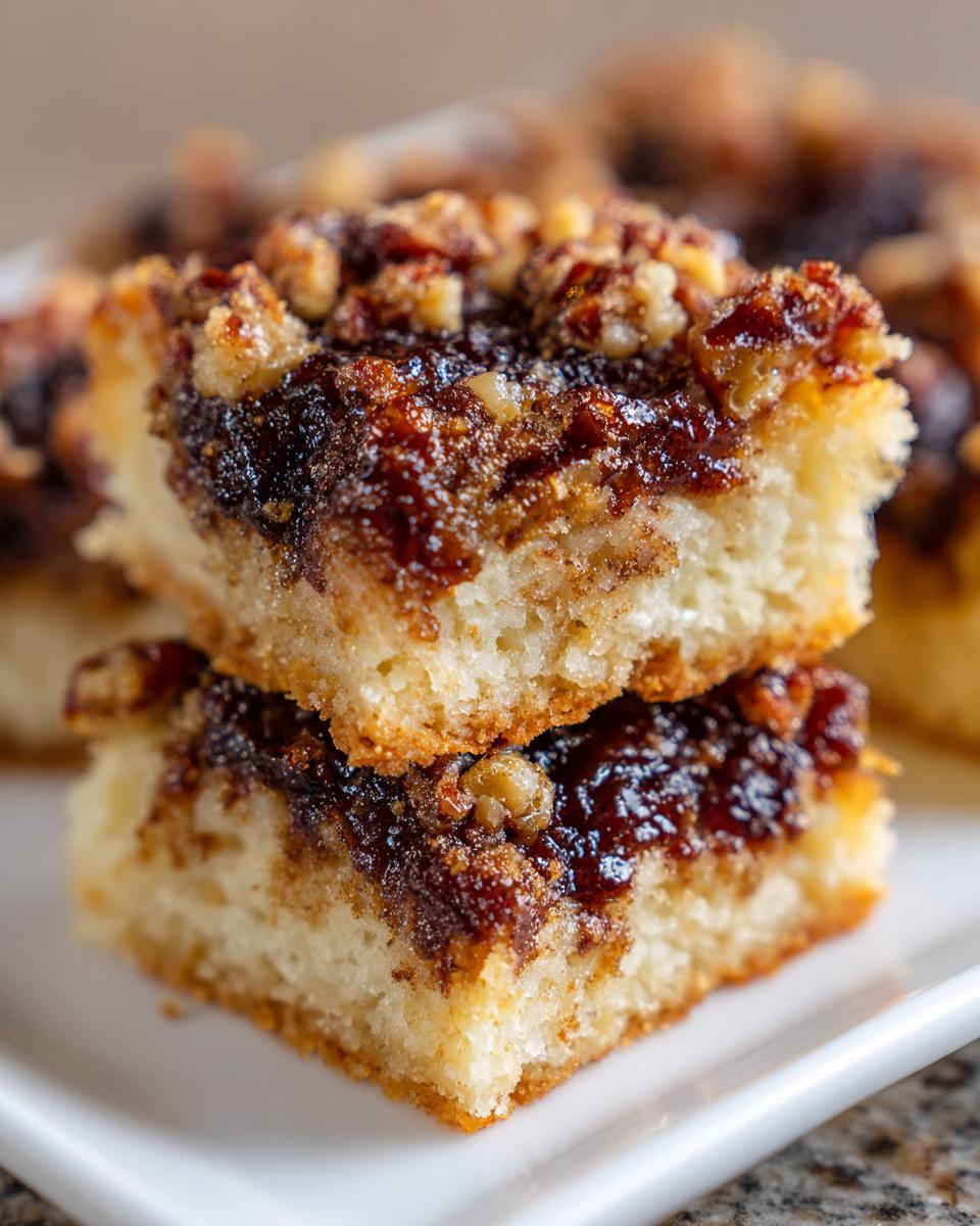 Close-up of two stacked pecan pie cookies bars showing a thick, gooey, brown sugar filling and chopped pecans on top.