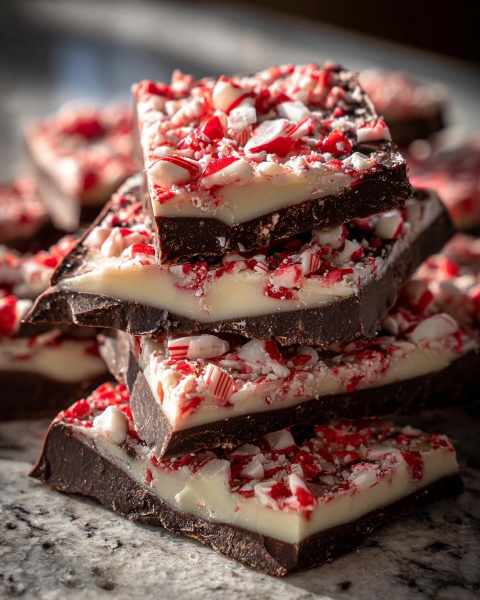 A stack of rich, layered peppermint bark pieces topped with crushed candy canes.