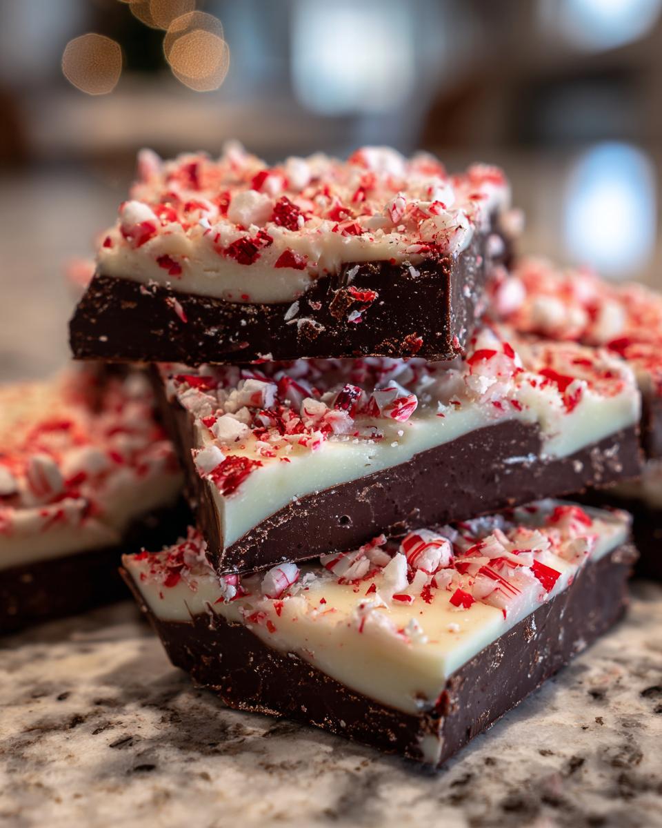Close-up of stacked, rich chocolate peppermint bark squares topped with white chocolate and crushed candy canes.