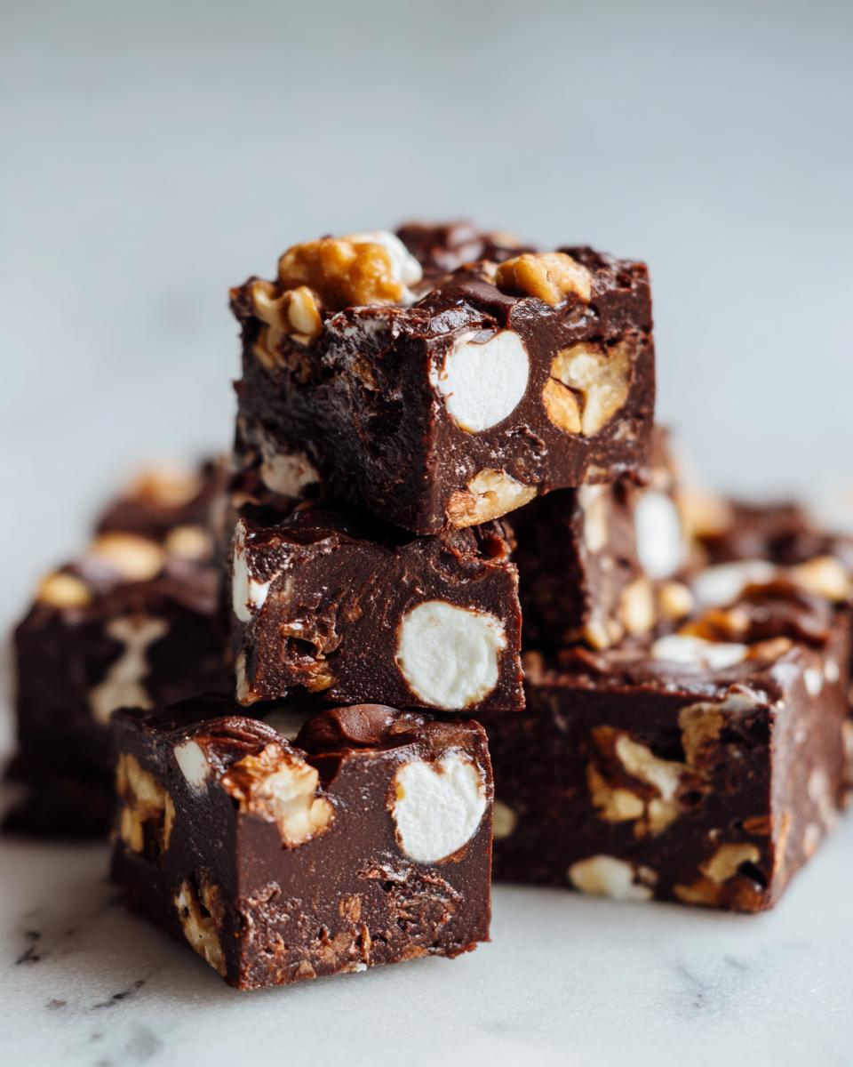 Close-up of stacked squares of rich, dark rocky road fudge loaded with marshmallows and nuts.