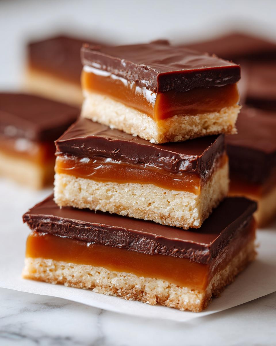 Three stacked, rich, three-layer Twix bites featuring shortbread, gooey caramel, and a chocolate topping.