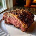 A thick slice of standing rib roast showing a medium-rare pink center and a dark, seasoned herb crust.