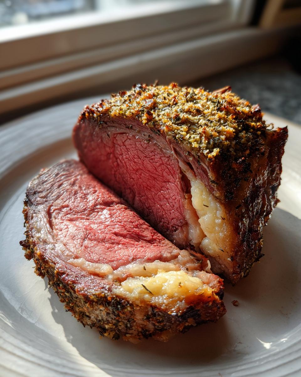 A thick slice of medium-rare standing rib roast with a golden, herbed crust resting next to the main roast on a white plate.
