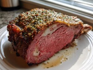 Close-up of a perfectly cooked standing rib roast, showing a medium-rare pink interior and a thick, herbed crust.