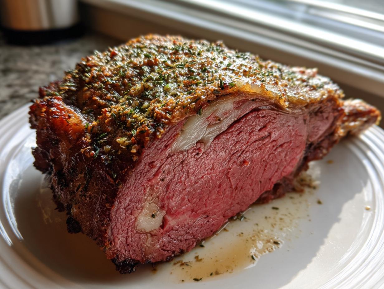 Close-up of a perfectly cooked standing rib roast, showing a medium-rare pink interior and a thick, herbed crust.