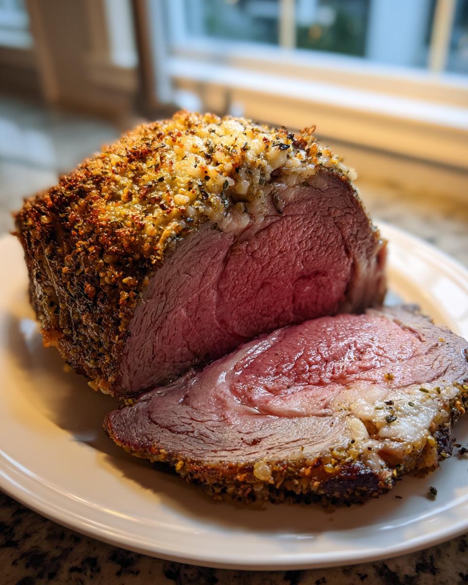 A thick slice cut from a perfectly cooked standing rib roast showing a medium-rare pink center and a golden herb crust.