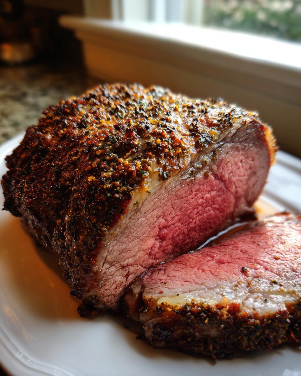 Close-up of a perfectly cooked standing rib roast, sliced to show a medium-rare center and a dark, seasoned crust.