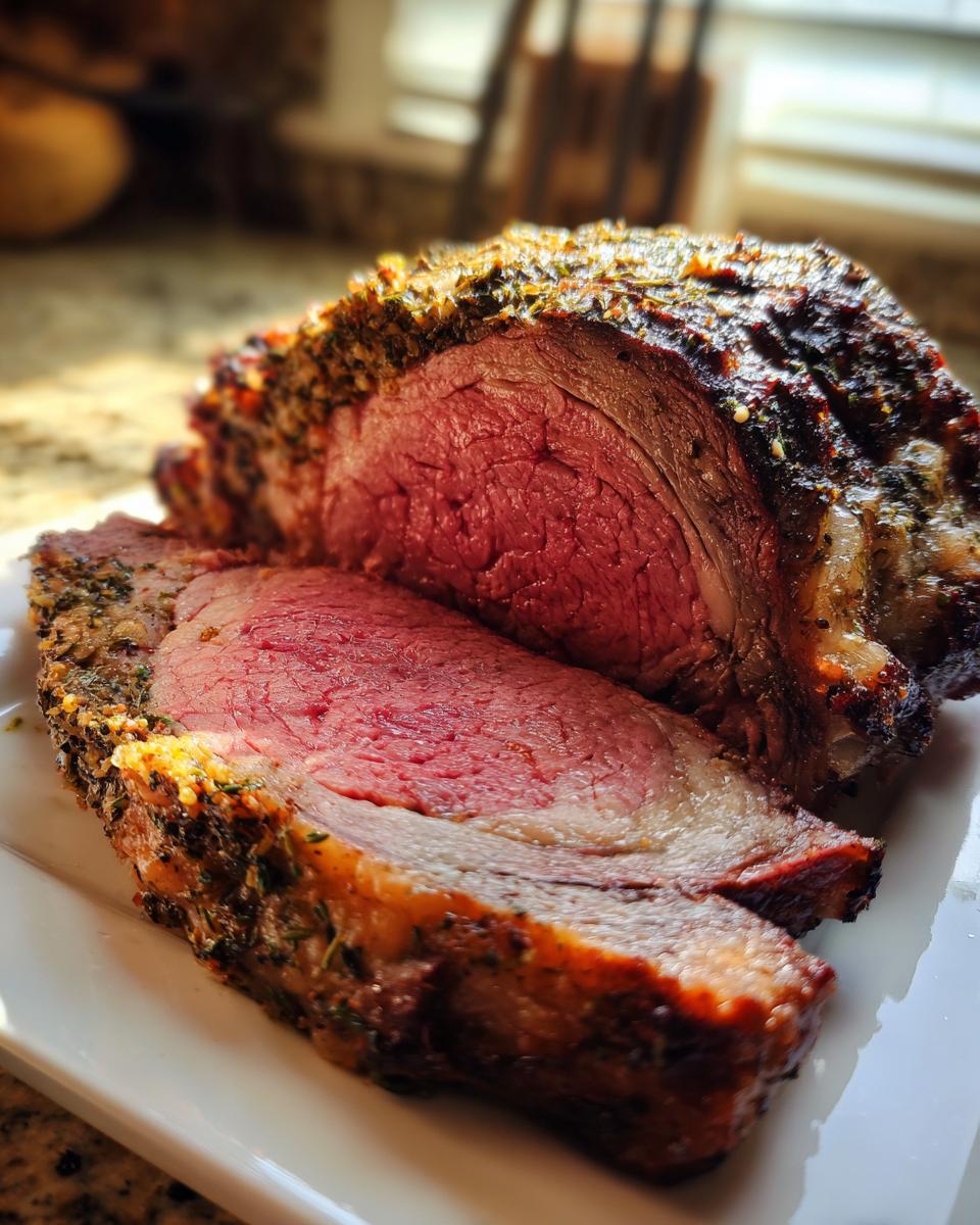 Close-up of a medium-rare standing rib roast, sliced to show the pink interior and dark herb crust.