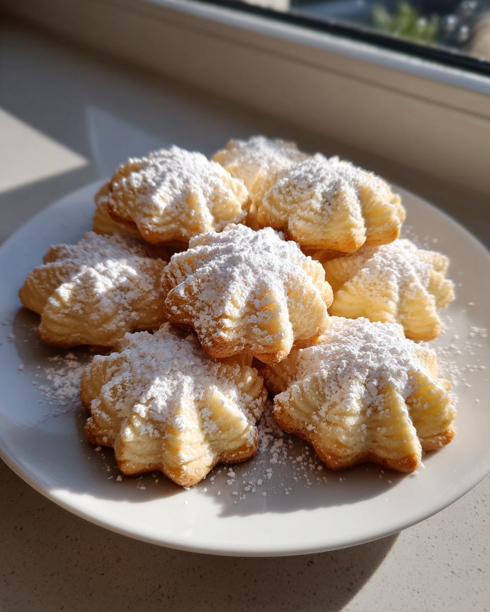 A stack of freshly baked, star-shaped butter cookie treats generously dusted with powdered sugar on a white plate.