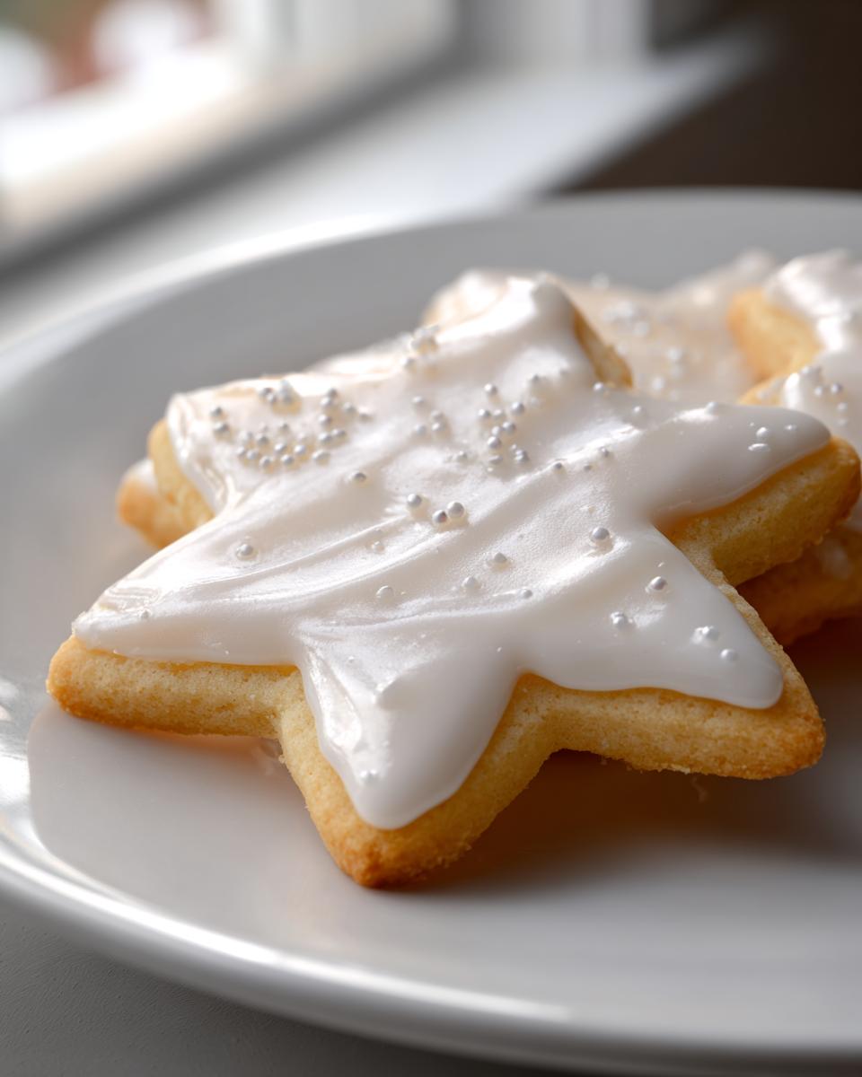 Close-up of a star-shaped sugar cookie topped with thick, glossy sugar cookie icing that hardens, sprinkled with silver nonpareils.