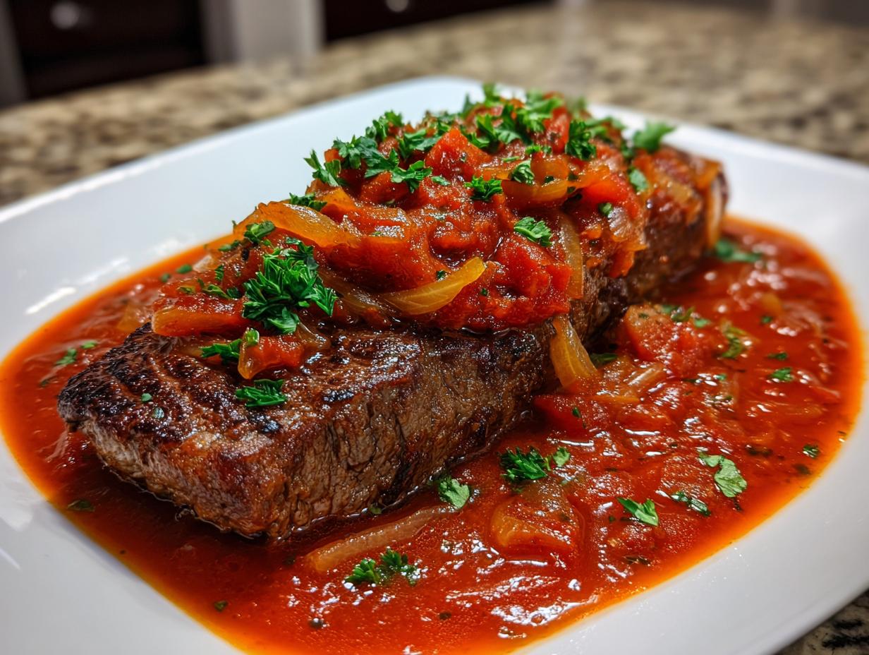 A close-up of a seared steak smothered in rich tomato sauce, onions, and fresh parsley, ready to serve as steak pizzaiola.