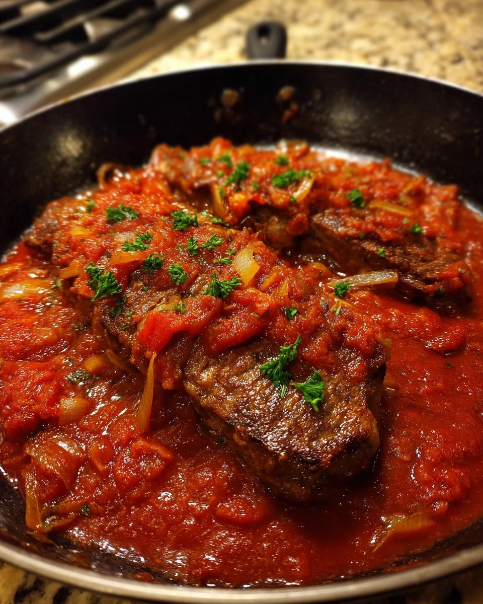 Close-up of steak pizzaiola cooking in a skillet, smothered in a rich, chunky tomato sauce and garnished with parsley.