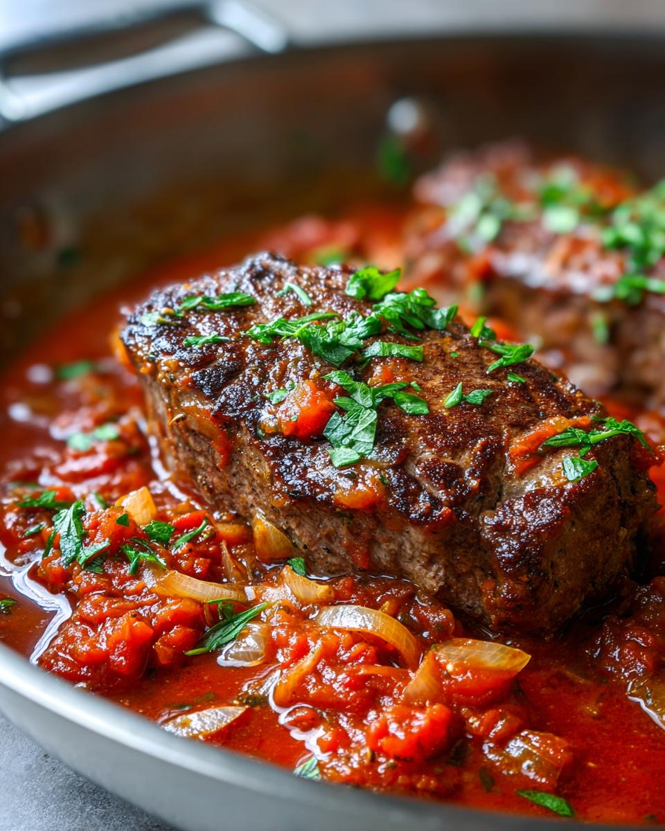 Close-up of a perfectly seared steak pizzaiola simmering in a vibrant red tomato and onion sauce, topped with fresh parsley.